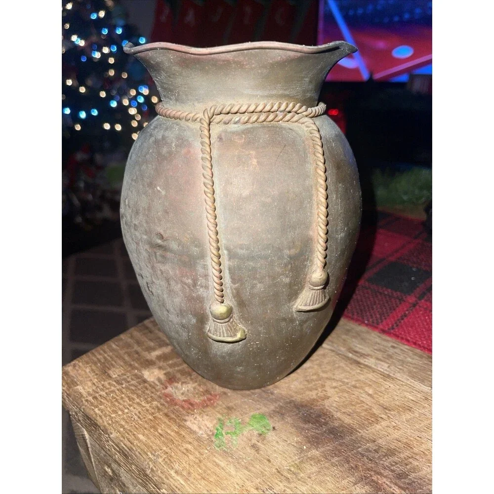 Vintage Large 8 Inch Hammered Finish  Brass Vase With Scallop Opening